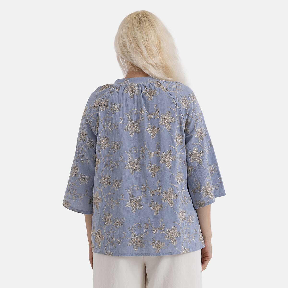 La Marey Cotton Embroidered Short Sleeve Top (Size - S-M, 8-10) - Light Blue
