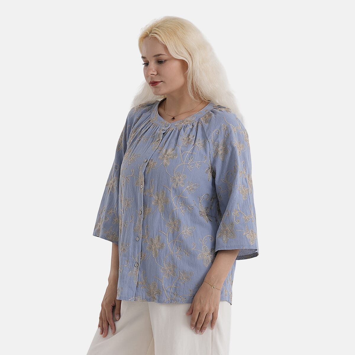 La Marey Cotton Embroidered Short Sleeve Top (Size - S-M, 8-10) - Light Blue