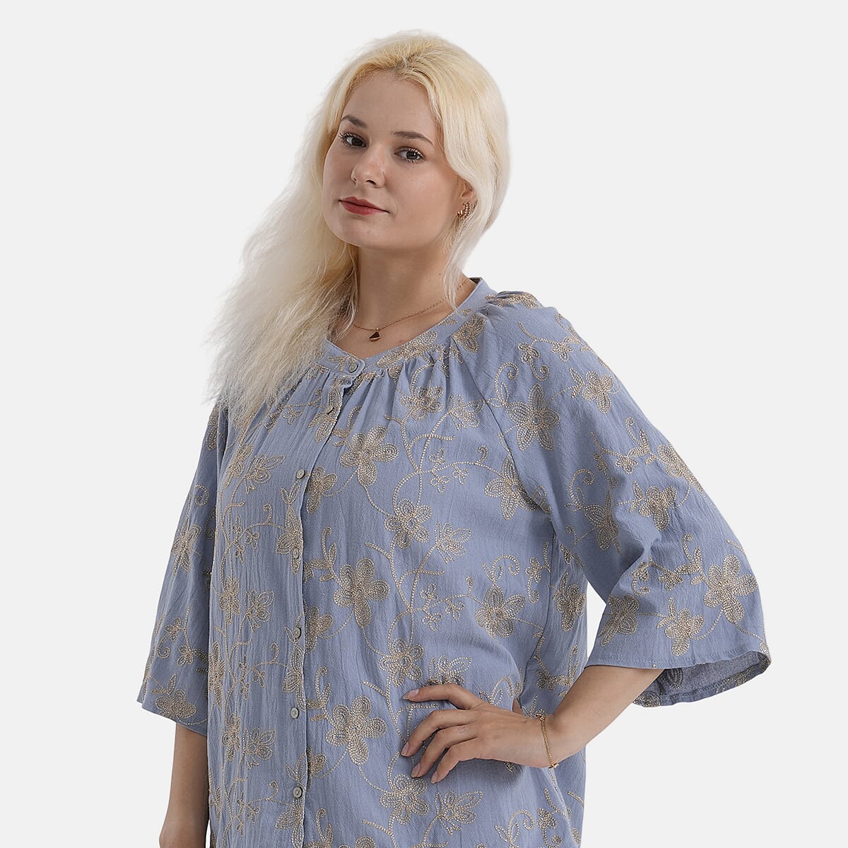 La Marey Cotton Embroidered Short Sleeve Top (Size - S-M, 8-10) - Light Blue