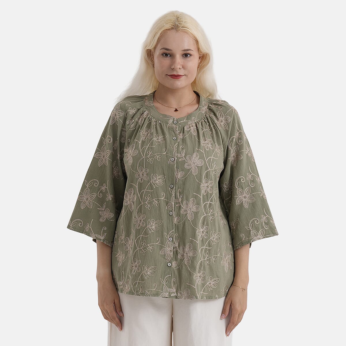 La Marey Cotton Embroidered Short Sleeve Top (Size - S-M, 8-10) - Moss Green