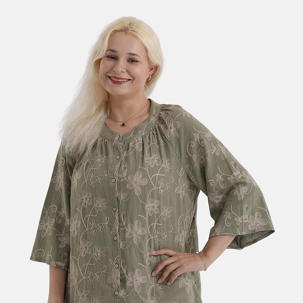 La Marey Cotton Embroidered Short Sleeve Top (Size - S-M, 8-10) - Moss Green