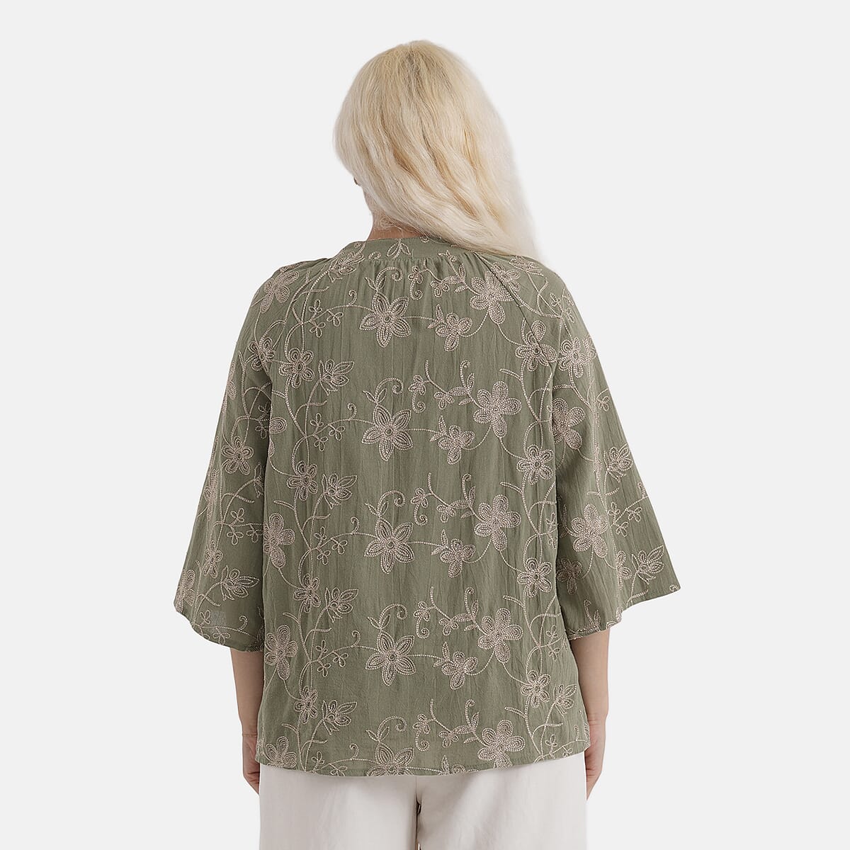 La Marey Cotton Embroidered Short Sleeve Top (Size - L-XL, 16-22) - Moss Green