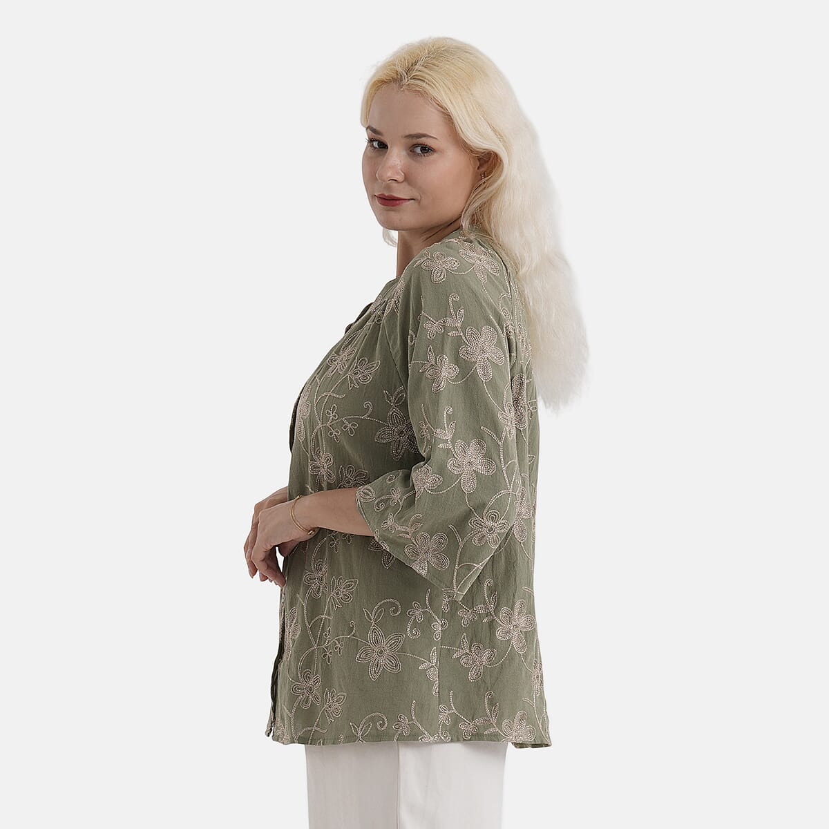 La Marey Cotton Embroidered Short Sleeve Top (Size - L-XL, 16-22) - Moss Green