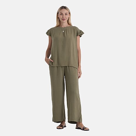 - Maisi Round-Neck Stringy-Selvedge Sleeve Top (Size S) - Green