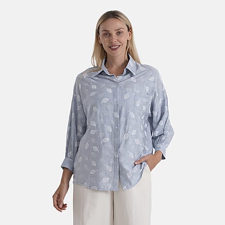 - Maisi Relaxed Fit Leaf Printed Button-Down Shirt (Size M) - Light Blue - White