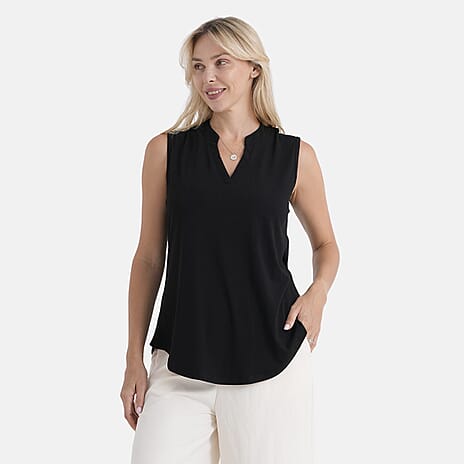 - Maisi Relax Fit Sleeveless Notch V-Neck Blouse (Size M) - Black