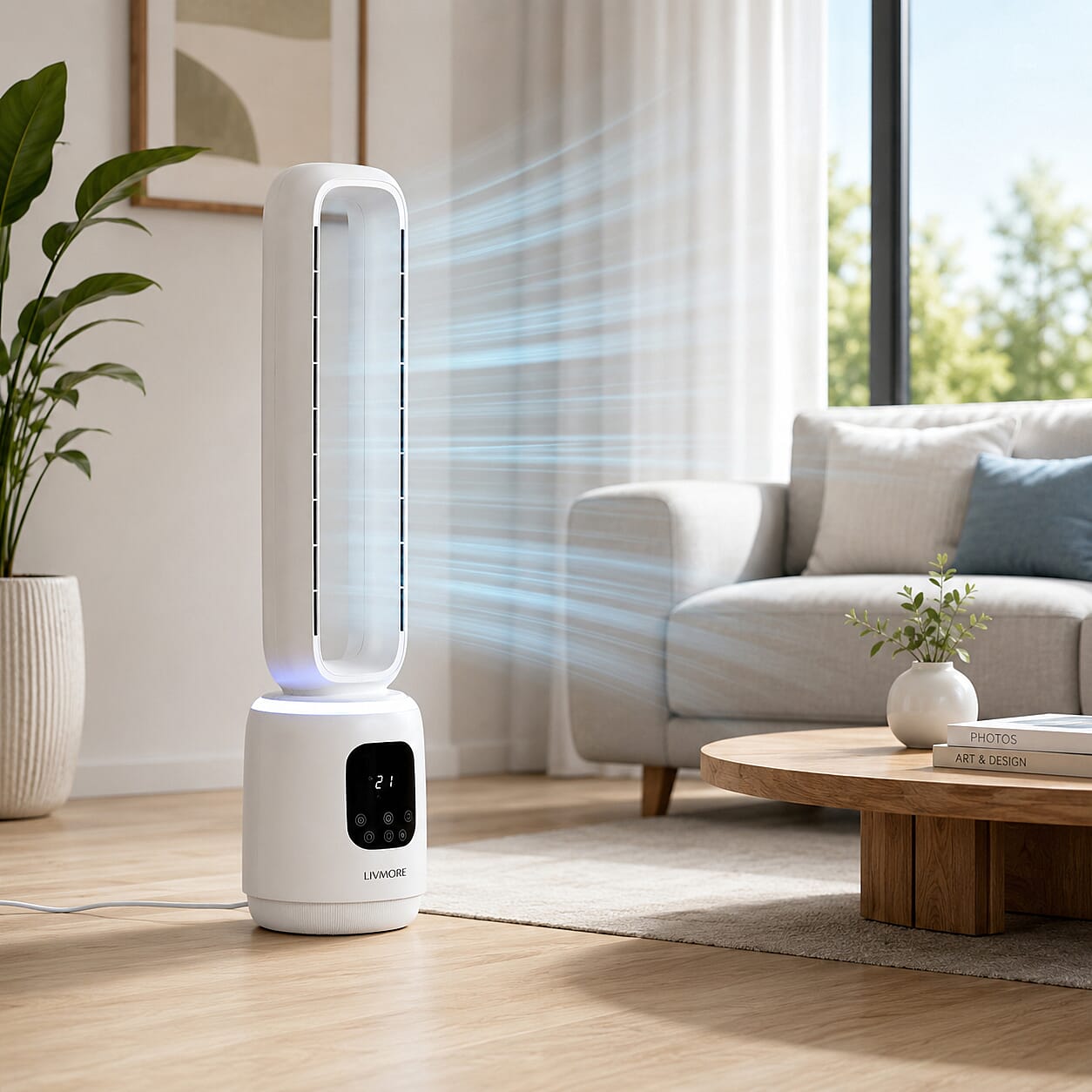 LIVMORE Bladeless Fan With 24 Wind Speeds & Air Purifier Anion Funtion With Optional LED Light Feature and Remote Control (40W- Costs 1p Per Hour)