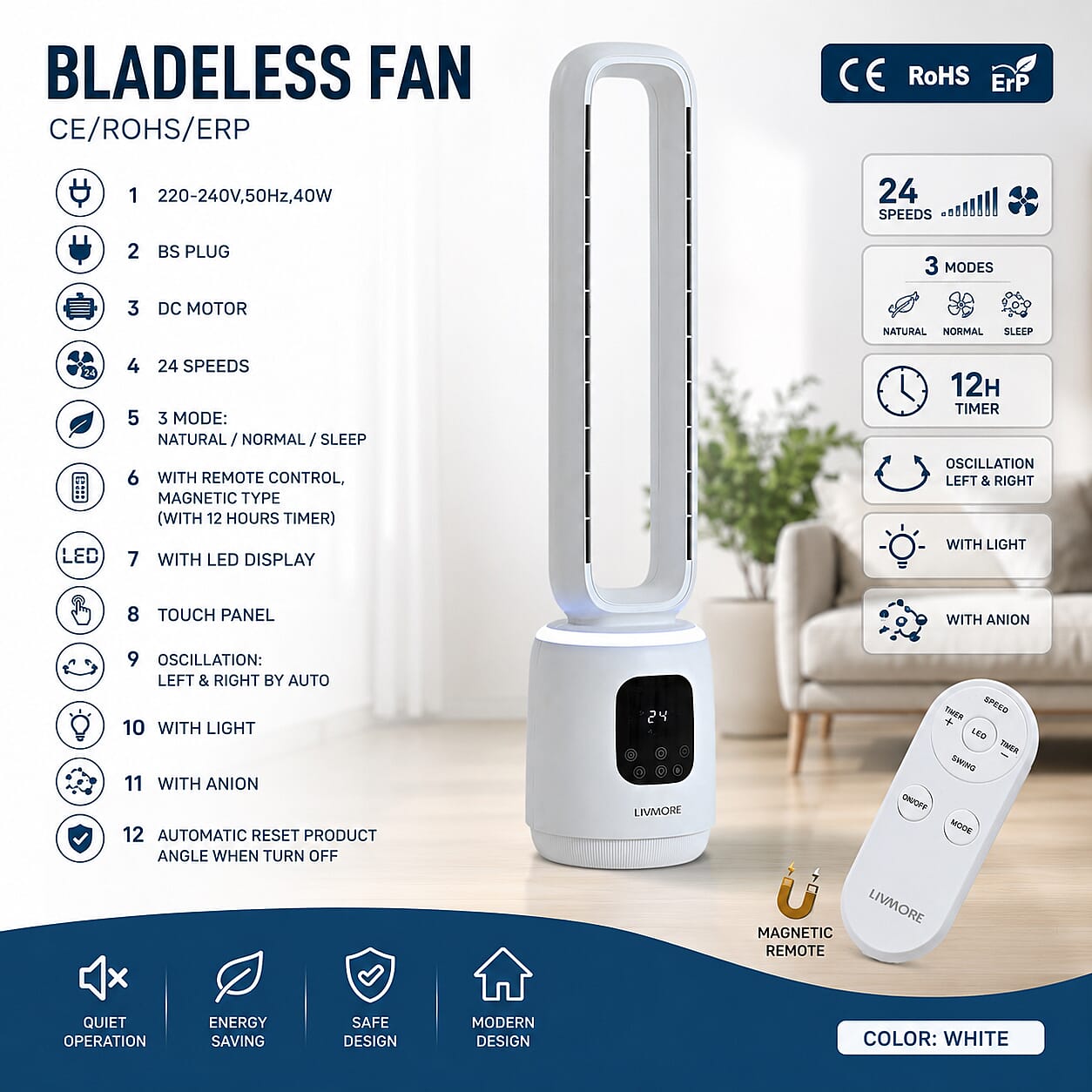 LIVMORE Bladeless Fan With 24 Wind Speeds & Air Purifier Anion Funtion With Optional LED Light Feature and Remote Control (40W- Costs 1p Per Hour)
