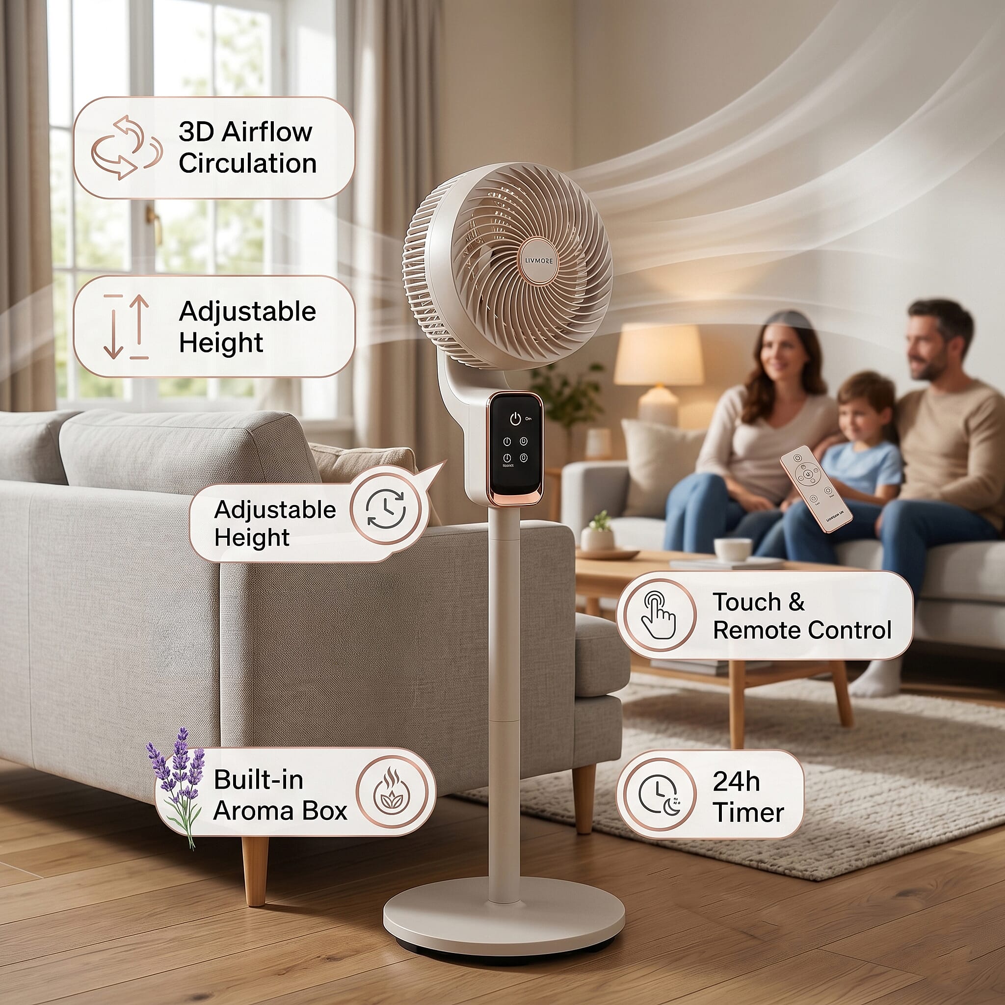 LIVMORE 2-in-1 Smart Convertible Air Circulator Fan (Stand & Table Configuration) - 50W Pedestal Stand and Table Fan with Fused UK Plug - Premium 8 Speed 3D Automatic Oscillation Cooling Fan with 12H