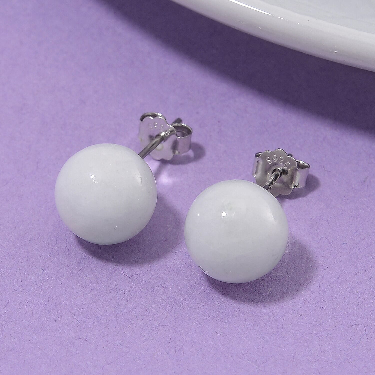 D'Joy Natural Type A White Jadeite Stud Earrings with Push Backs  in Rhodium Overlay Sterling Silver 15.00 Ct.