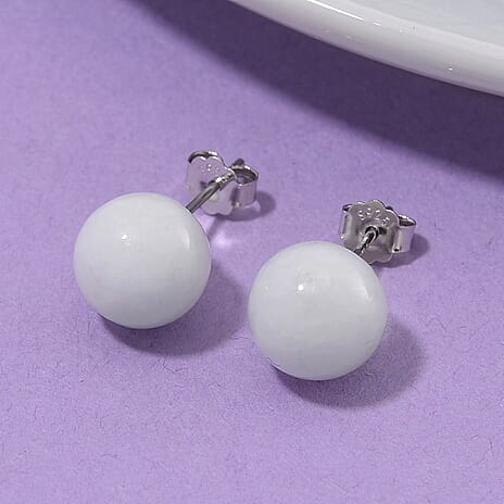 D'Joy Natural Type A White Jadeite Stud Earrings with Push Backs in Rhodium Overlay Sterling Silver 15.00 Ct.