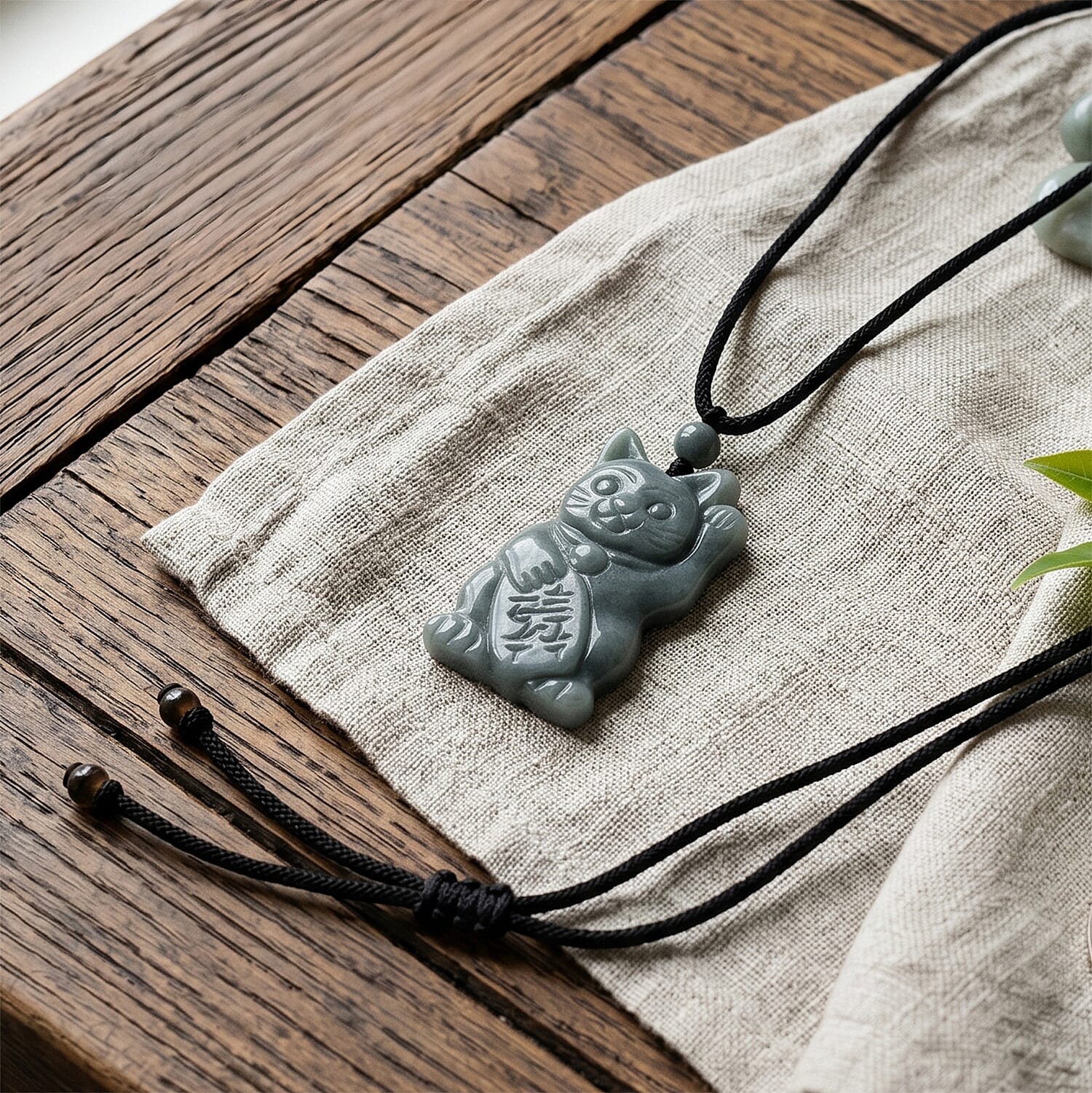 Natural Jade Adjustable Maneki Neko Necklace with Cotton Thread (Size - 28) 65.00 Ct.