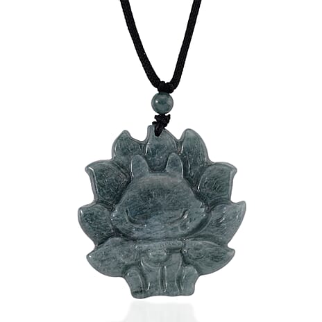 Natural Jade Adjustable Nine-Tailed Fox Carved Necklace with Cotton Thread (Size - 28) 80.00 Ct.