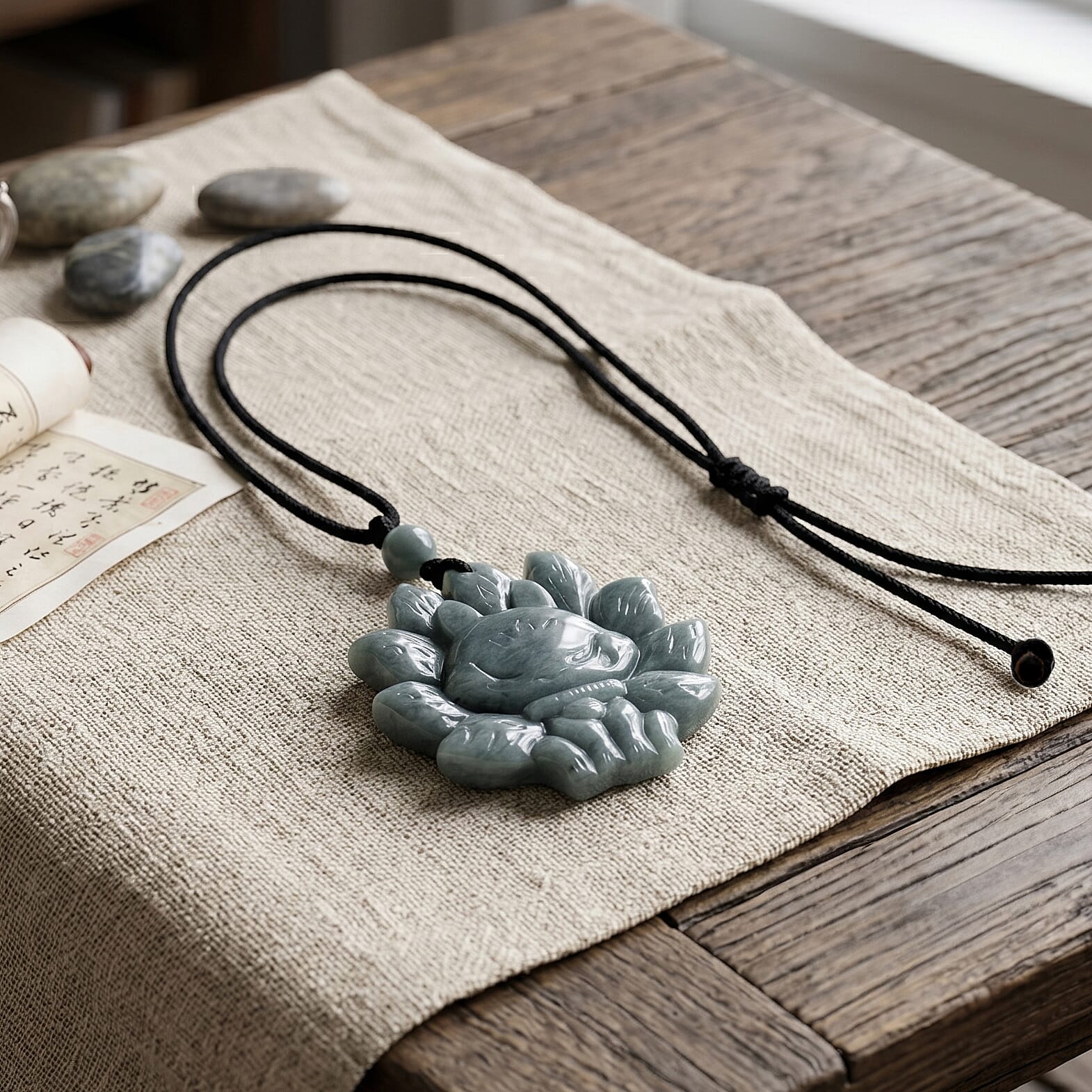 Natural Jade Adjustable Nine-Tailed Fox Carved Necklace with Cotton Thread (Size - 28) 80.00 Ct.
