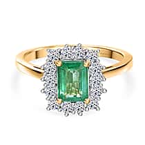 AAA Gemfields Zambian Emerald (Oct 1.00 Cts) and Lab Grown Diamond (SI-G-H 0.35 Cts)  Ring in 18K Yellow Vermeil  Sterling Silver 1.35 Ct.
