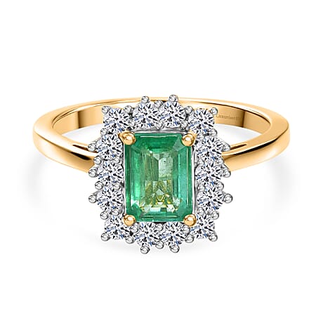 AAA Gemfields Zambian Emerald (Oct 1.00 Cts) and Lab Grown Diamond (SI-G-H 0.35 Cts) Ring in 18K Yellow Vermeil Sterling Silver 1.35 Ct.
