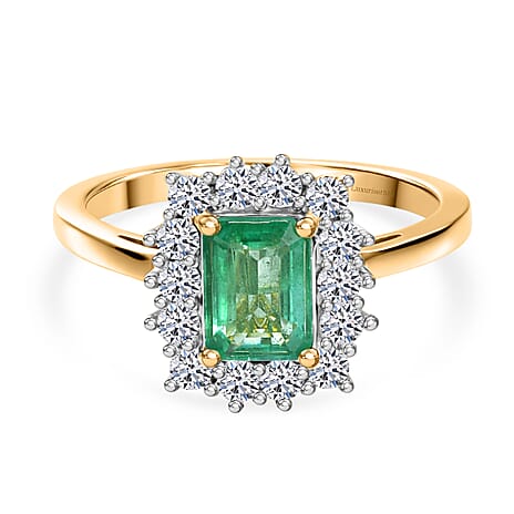 AAA Gemfields Zambian Emerald (Oct 1.00 Cts) and Lab Grown Diamond (SI-G-H 0.35 Cts)  Ring in 18K Yellow Vermeil  Sterling Silver 1.35 Ct.