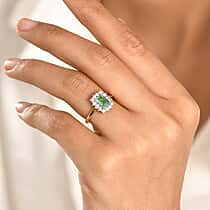 AAA Gemfields Zambian Emerald (Oct 1.00 Cts) and Lab Grown Diamond (SI-G-H 0.35 Cts)  Ring in 18K Yellow Vermeil  Sterling Silver 1.35 Ct.