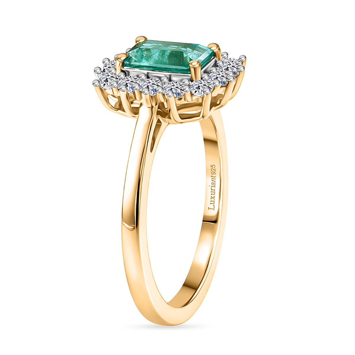 AAA Gemfields Zambian Emerald (Oct 1.00 Cts) and Lab Grown Diamond (SI-G-H 0.35 Cts)  Ring in 18K Yellow Vermeil  Sterling Silver 1.35 Ct.