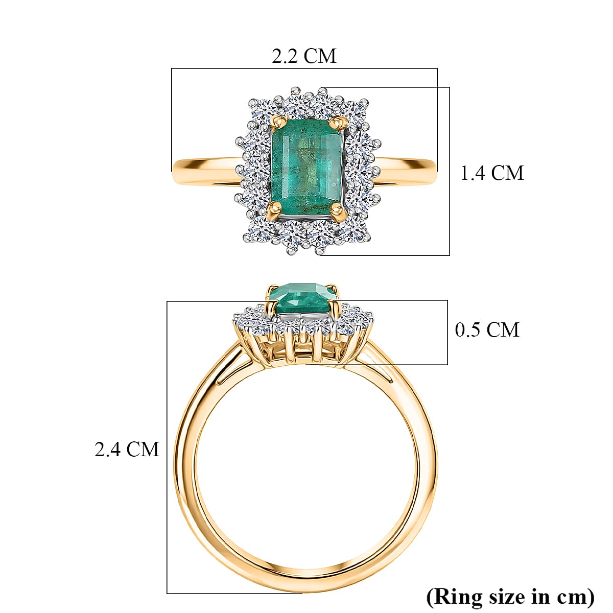 AAA Gemfields Zambian Emerald (Oct 1.00 Cts) and Lab Grown Diamond (SI-G-H 0.35 Cts)  Ring in 18K Yellow Vermeil  Sterling Silver 1.35 Ct.