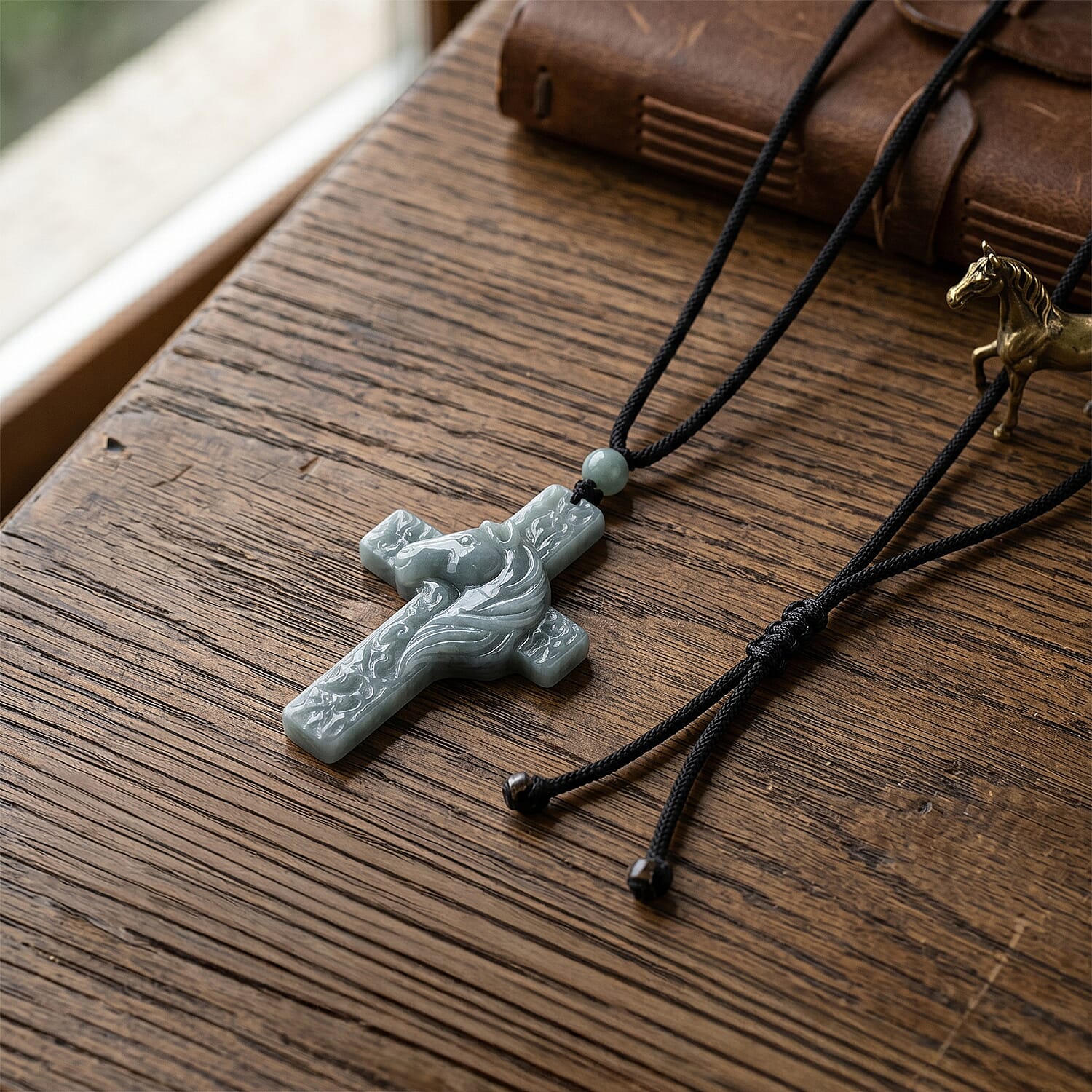 Natural Jade Adjustable Cross Necklace with Cotton Thread (Size - 28) 45.00 Ct.
