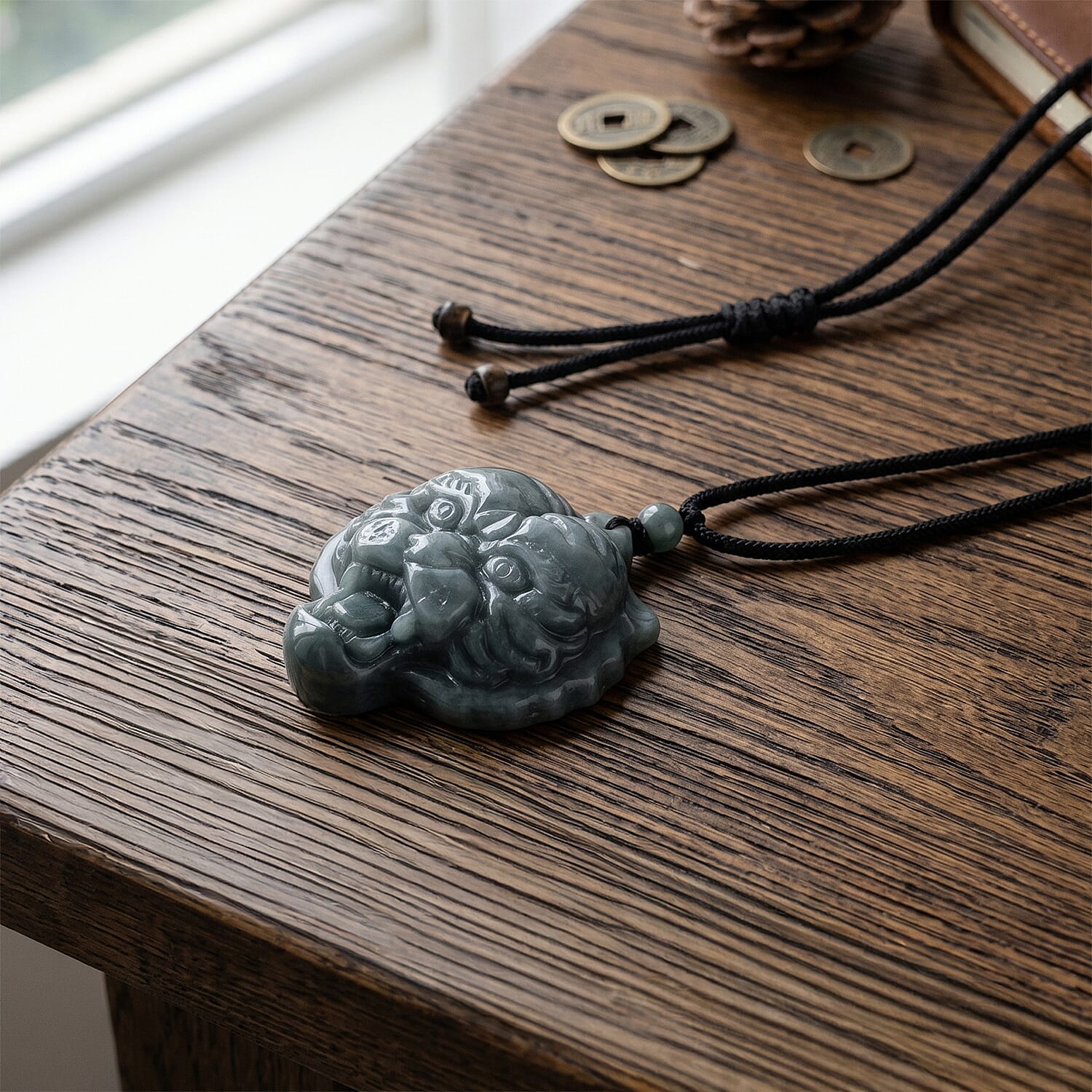 Natural Jade Adjustable Tiger Carved Necklace with Cotton Thread (Size - 28) 145.00 Ct.