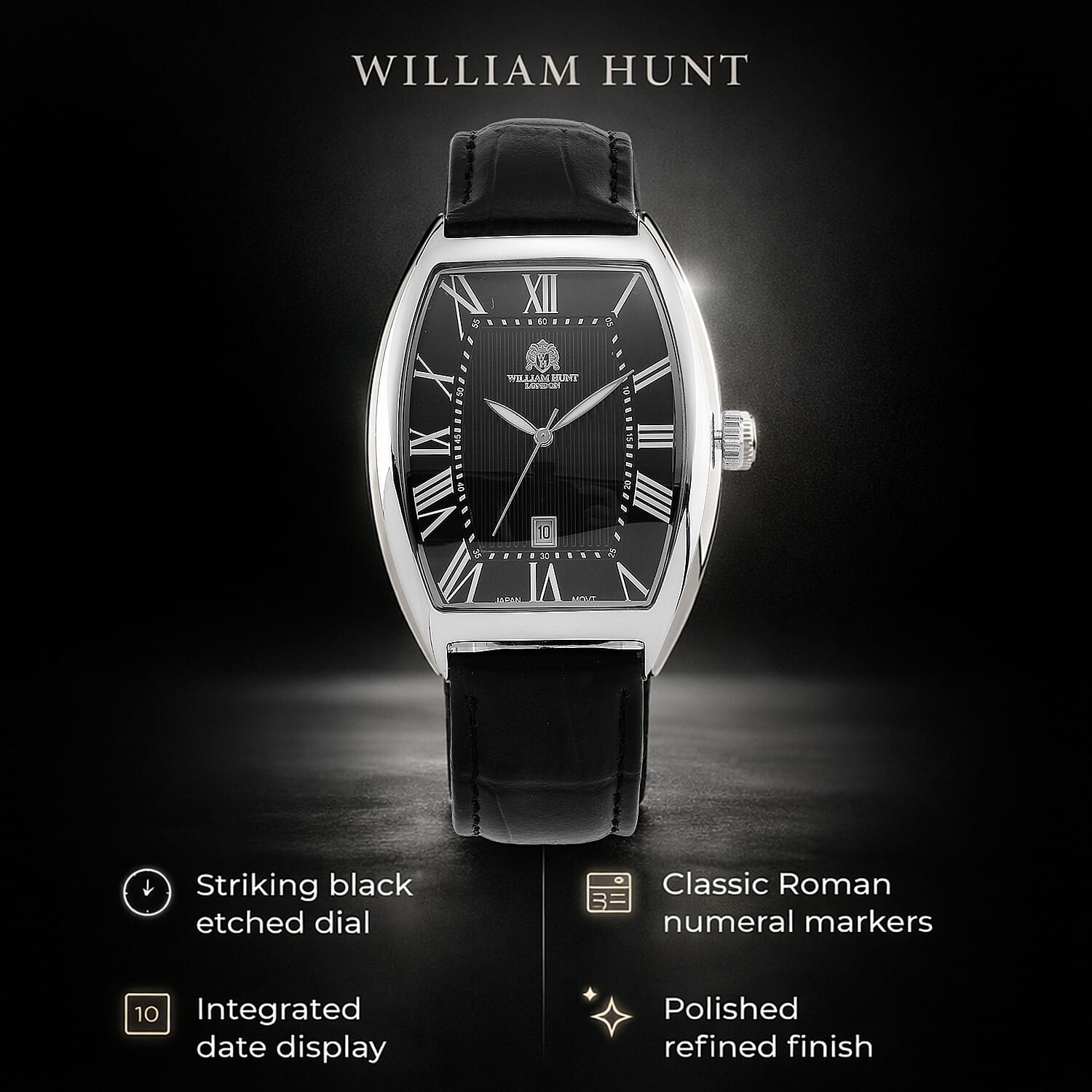 WILLIAM HUNT Limited Edition Japanese Miyota Movement 3ATM Water Resistant Watch With Genuine Leather Strap & Presentation Box - Black