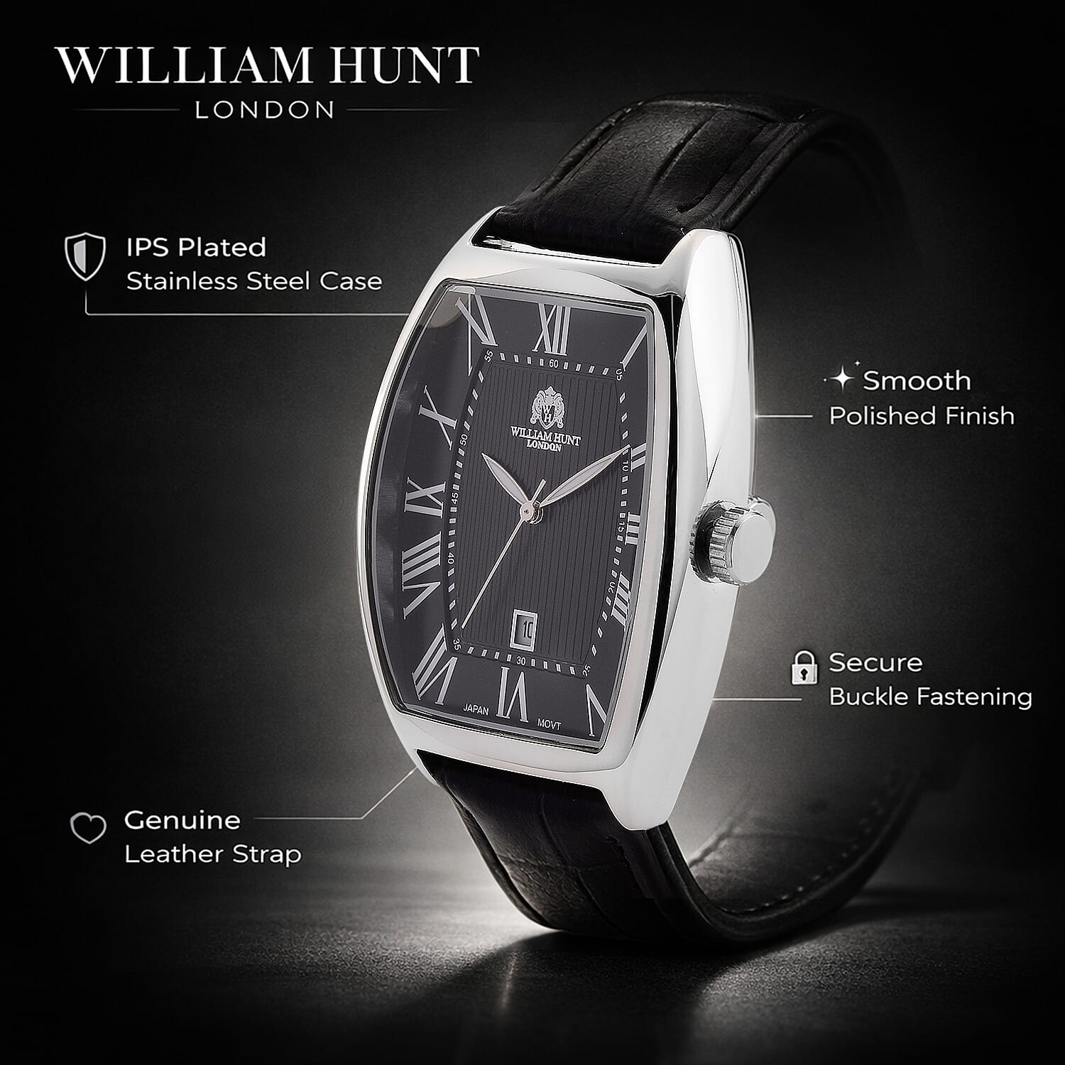 WILLIAM HUNT Limited Edition Japanese Miyota Movement 3ATM Water Resistant Watch With Genuine Leather Strap & Presentation Box - Black