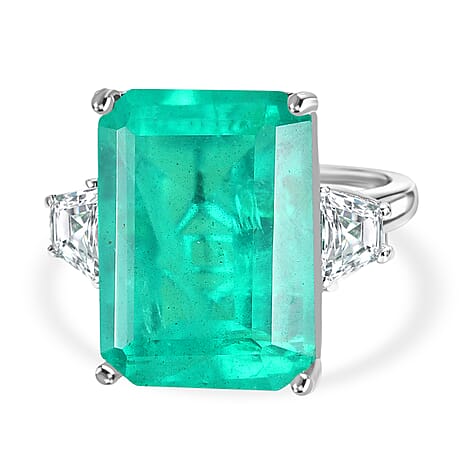 D'Joy Emeraldine Triplet Quartz & White Zircon Solitaire Ring in Rhodium Overlay Sterling Silver 18.78 Ct.