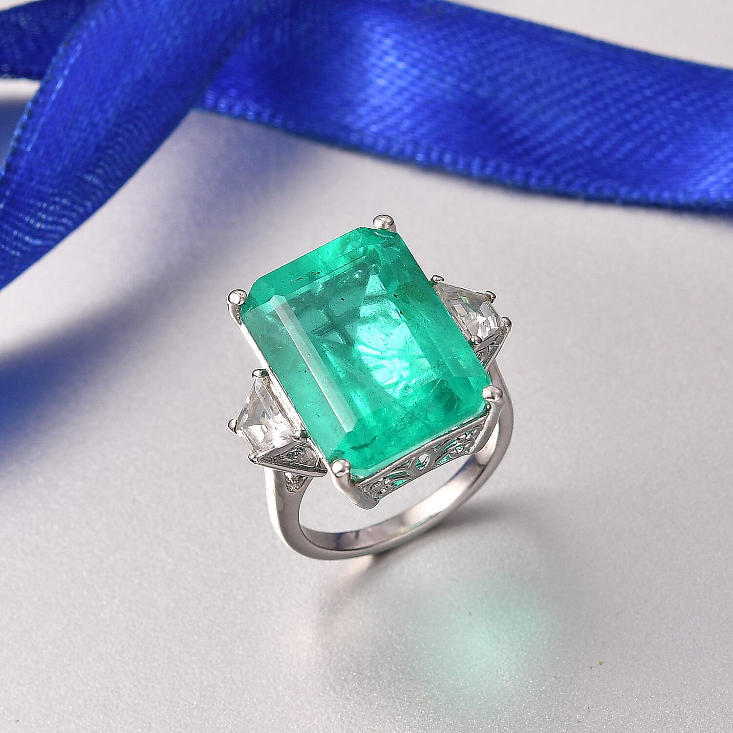 D'Joy Emeraldine Triplet Quartz & White Zircon Solitaire Ring in Rhodium Overlay Sterling Silver 18.78 Ct.