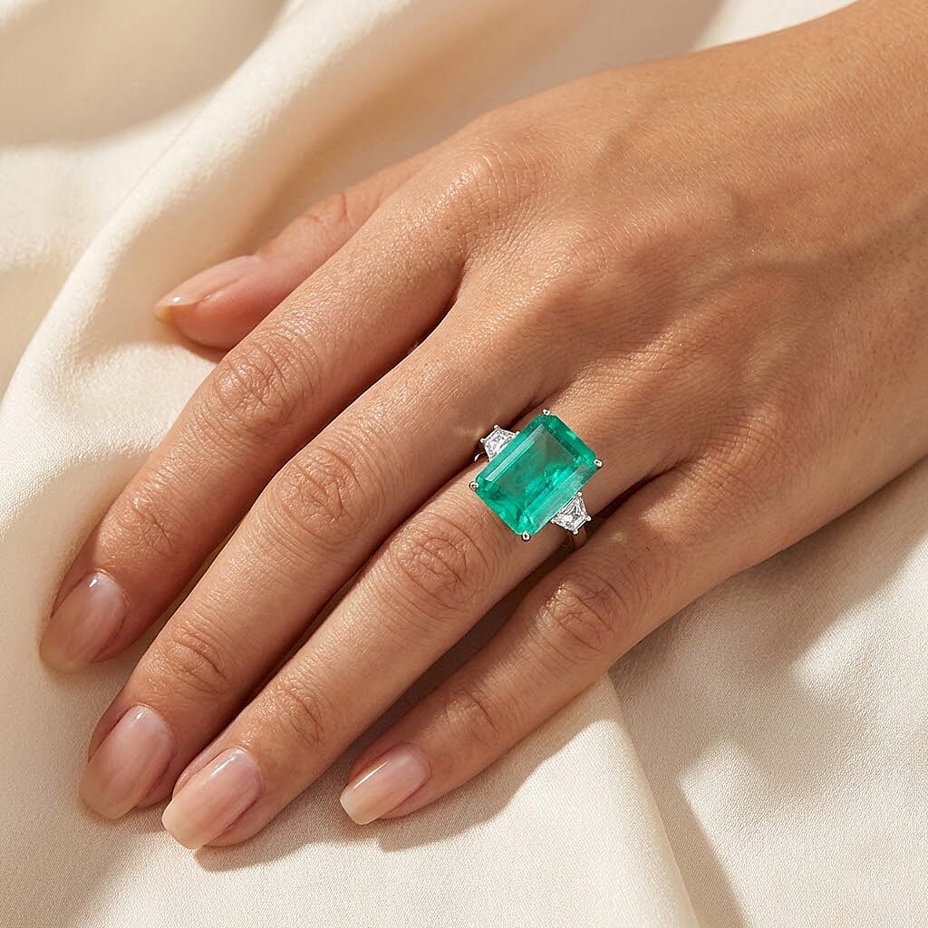 D'Joy Emeraldine Triplet Quartz & White Zircon Solitaire Ring in Rhodium Overlay Sterling Silver 18.78 Ct.