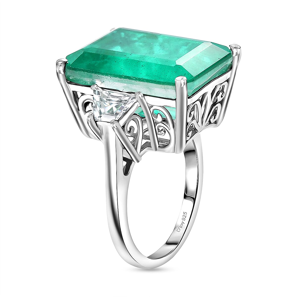 D'Joy Emeraldine Triplet Quartz & White Zircon Solitaire Ring in Rhodium Overlay Sterling Silver 18.78 Ct.