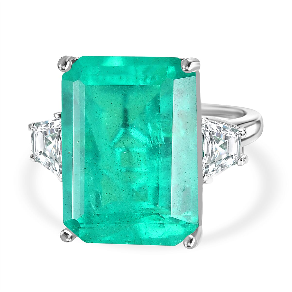D'Joy Emeraldine Triplet Quartz, White Zircon Solitaire Ring in Rhodium Overlay Sterling Silver 18.78 Ct.