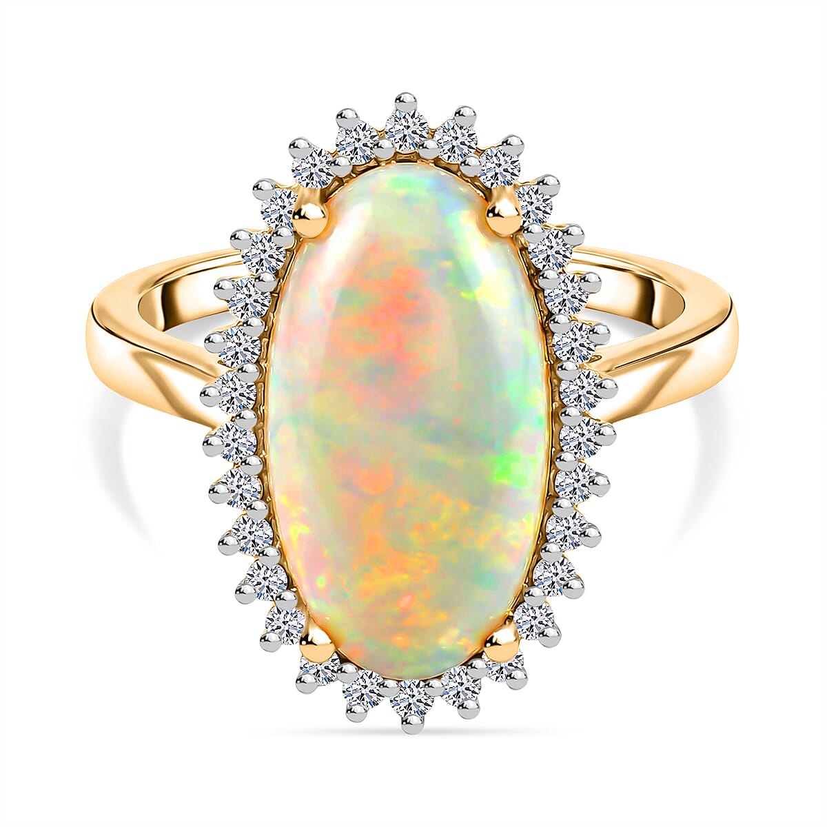 Luxuriant Ethiopian Opal & SI-G-H Lab Grown Diamond Halo Ring in 18K Vermeil Yellow Gold Plated Sterling Silver 3.34 Ct.