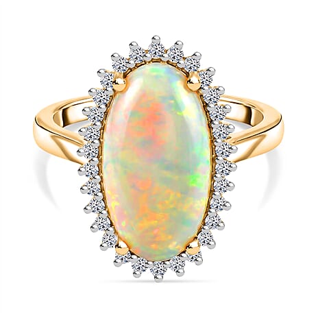 Luxuriant Ethiopian Opal & SI-G-H Lab Grown Diamond Halo Ring in 18K Vermeil Yellow Gold Plated Sterling Silver 3.34 Ct.