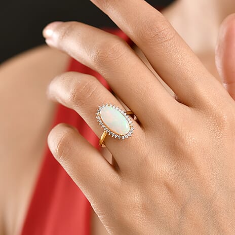 Ethiopian Opal & Luxuriant SI-G-H Lab Grown Diamond Halo Ring in 18K Vermeil Yellow Gold Plated Sterling Silver 3.34 Ct.