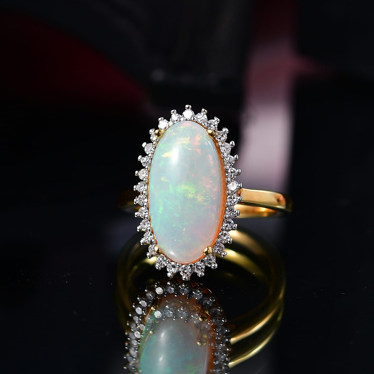 Luxuriant Ethiopian Opal & SI-G-H Lab Grown Diamond Halo Ring in 18K Vermeil Yellow Gold Plated Sterling Silver 3.34 Ct.