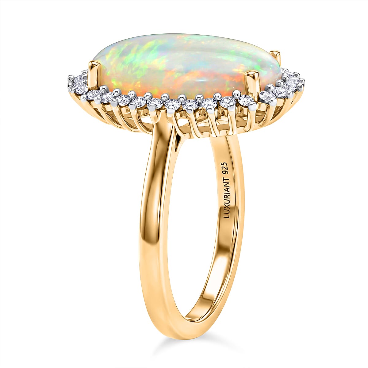 Luxuriant Ethiopian Opal & SI-G-H Lab Grown Diamond Halo Ring in 18K Vermeil Yellow Gold Plated Sterling Silver 3.34 Ct.