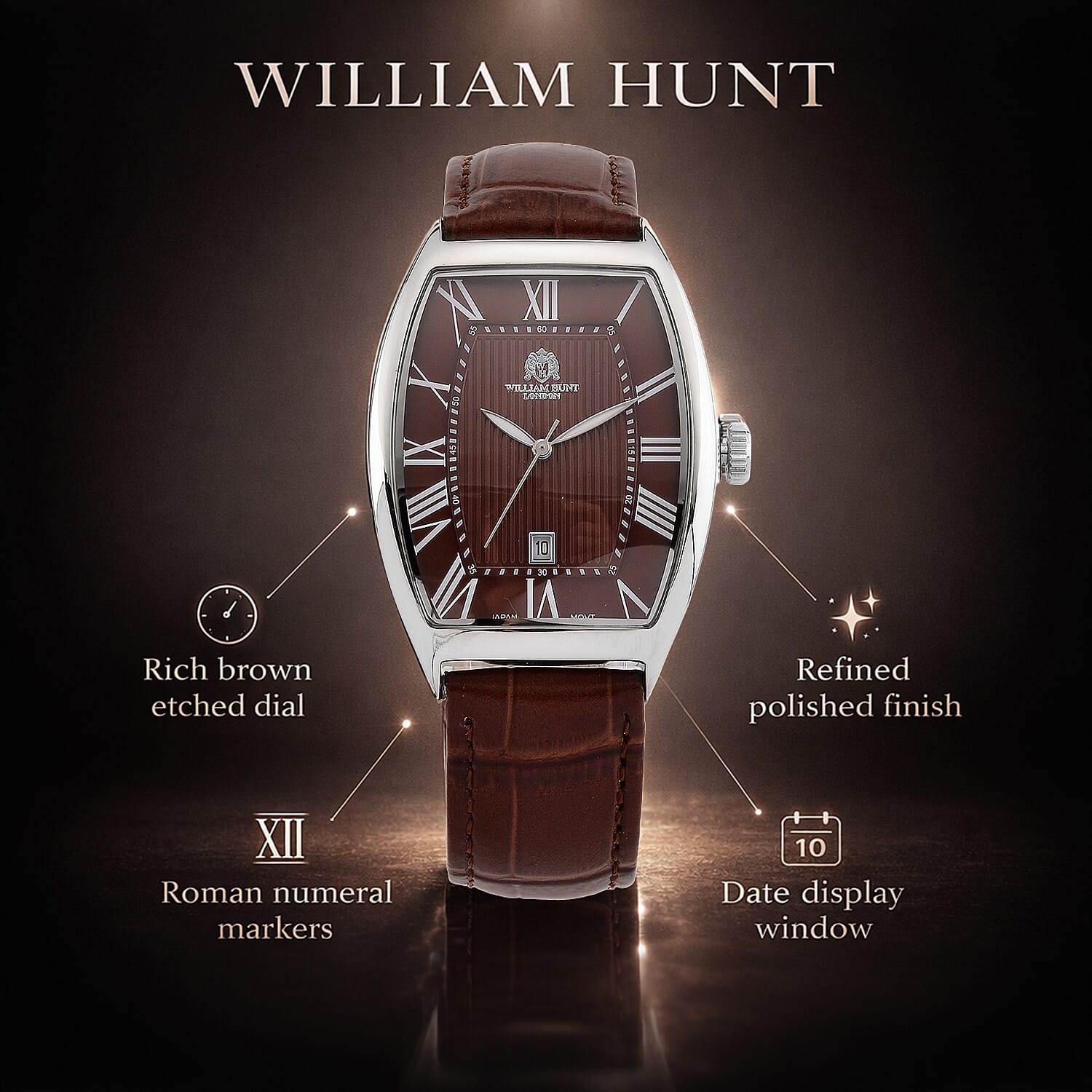 WILLIAM HUNT Limited Edition Japanese Miyota Movement 3ATM Water Resistant Watch With Genuine Leather Strap & Presentation Box - Brown