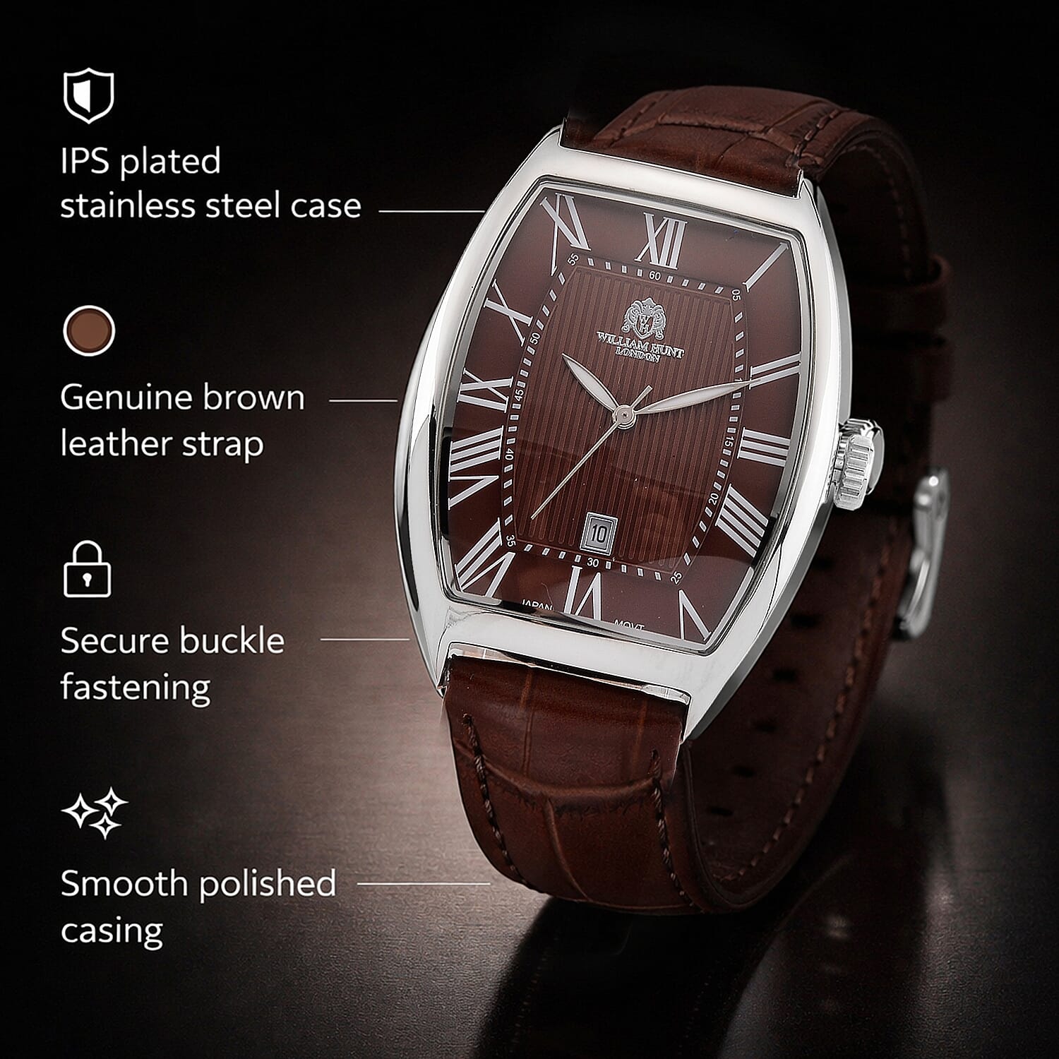 WILLIAM HUNT Limited Edition Japanese Miyota Movement 3ATM Water Resistant Watch With Genuine Leather Strap & Presentation Box - Brown