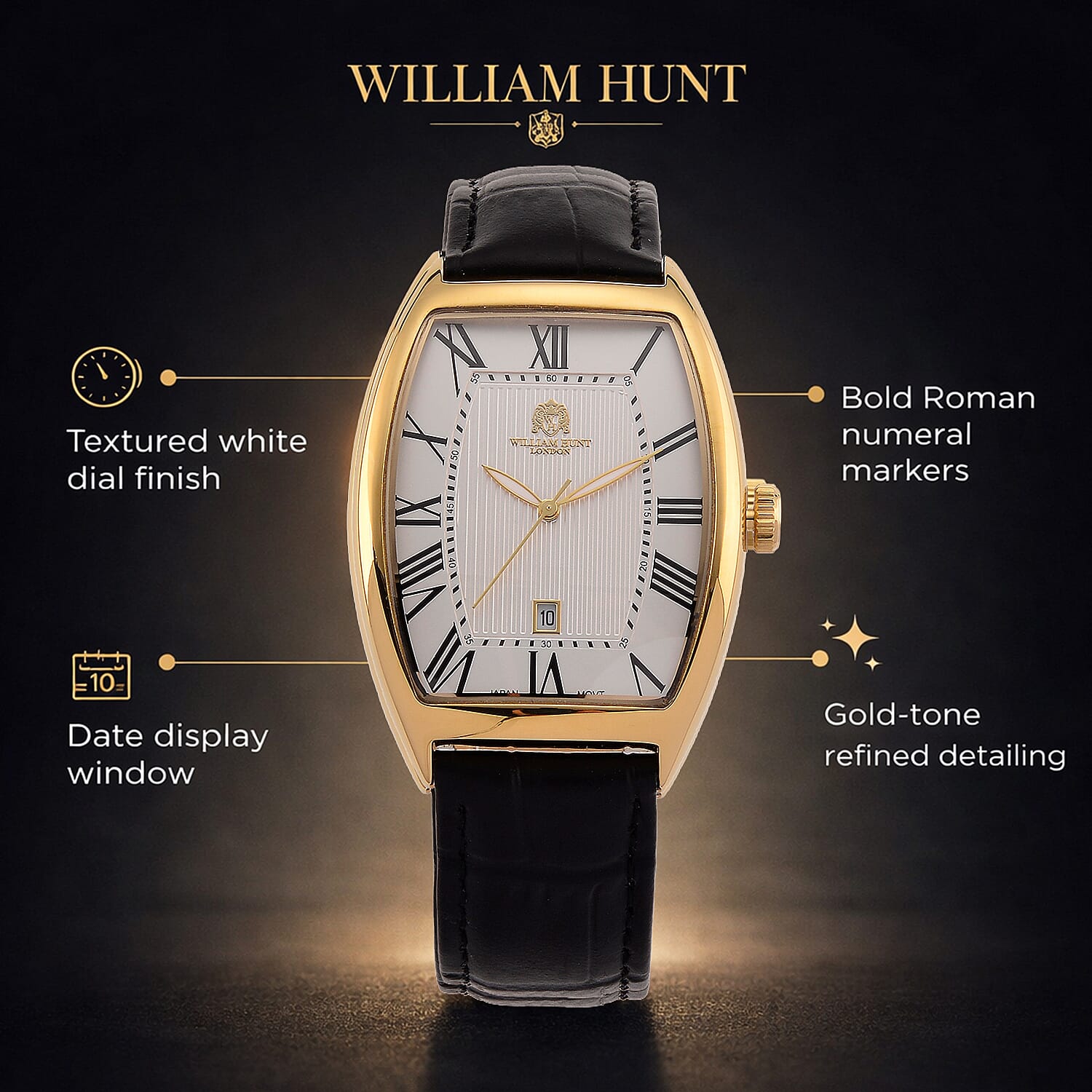 WILLIAM HUNT Limited Edition Japanese Miyota Movement 3ATM Water Resistant Watch With Genuine Leather Strap & Presentation Box - White