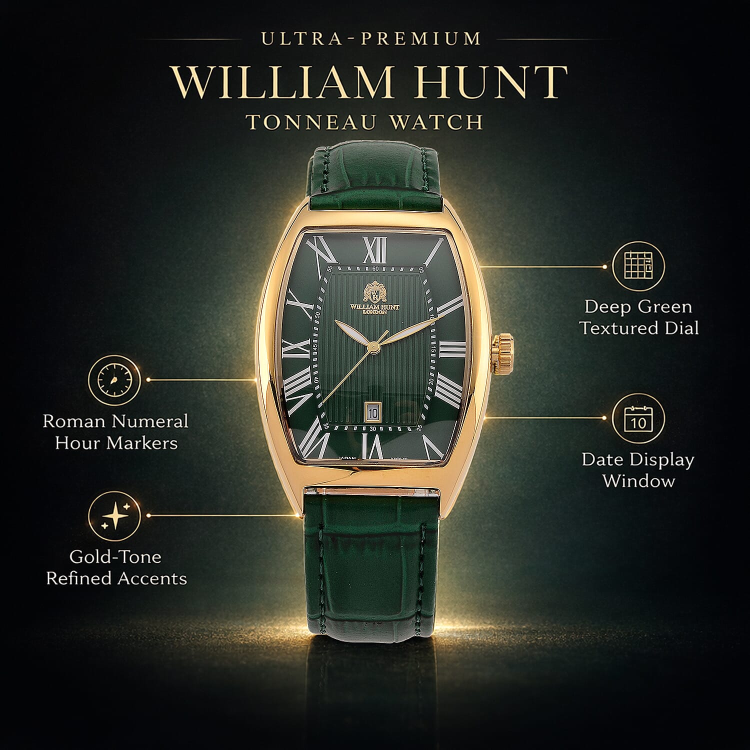 WILLIAM HUNT Limited Edition Japanese Miyota Movement 3ATM Water Resistant Watch With Genuine Leather Strap & Presentation Box - Green