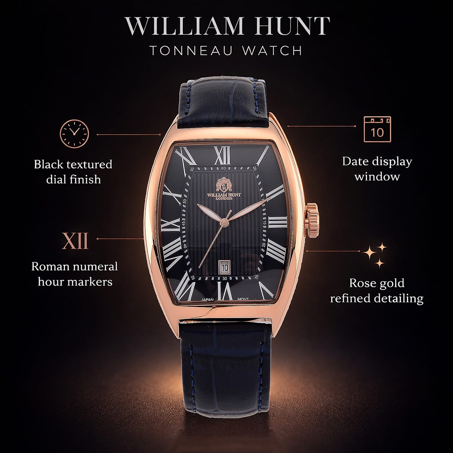 WILLIAM HUNT Limited Edition Japanese Miyota Movement 3ATM Water Resistant Watch With Genuine Leather Strap & Presentation Box - Rose