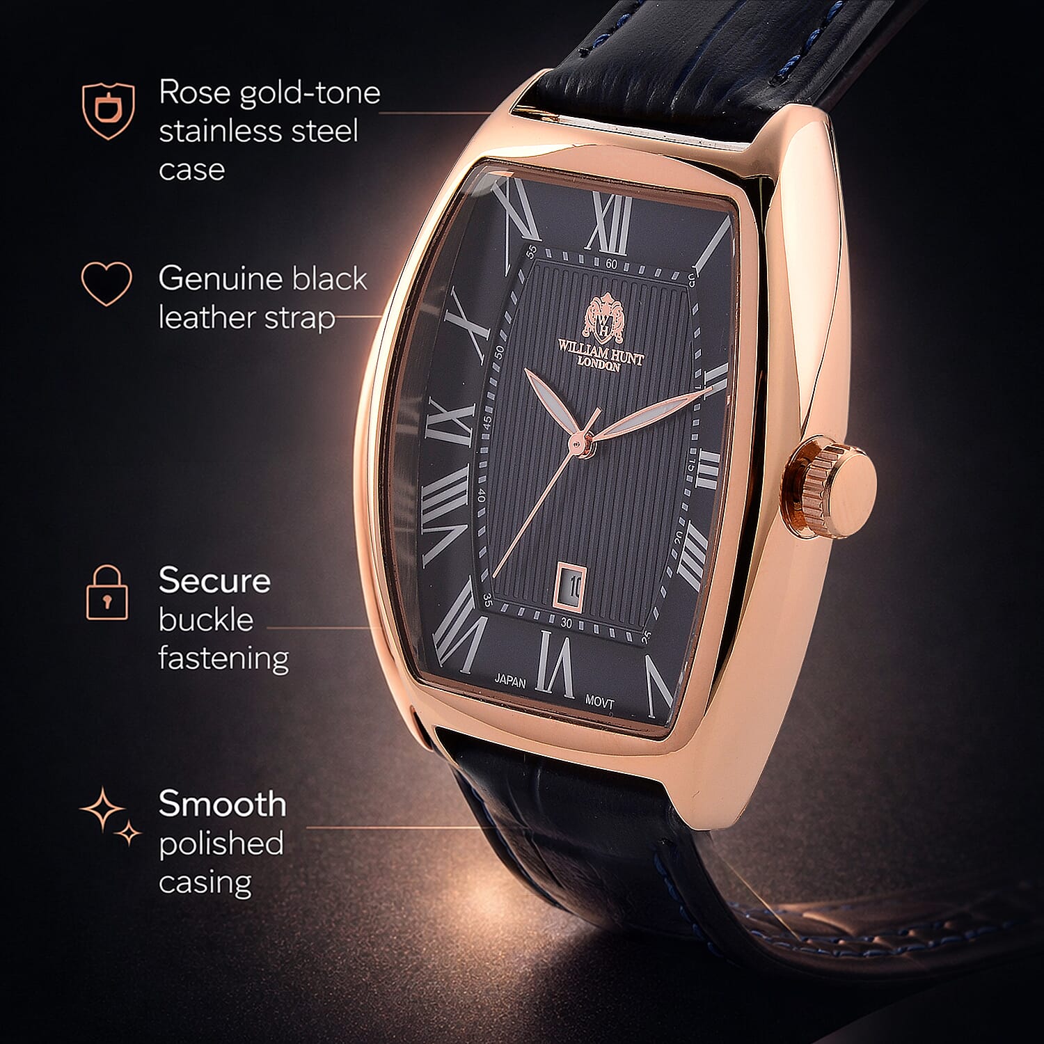 WILLIAM HUNT Limited Edition Japanese Miyota Movement 3ATM Water Resistant Watch With Genuine Leather Strap & Presentation Box - Rose