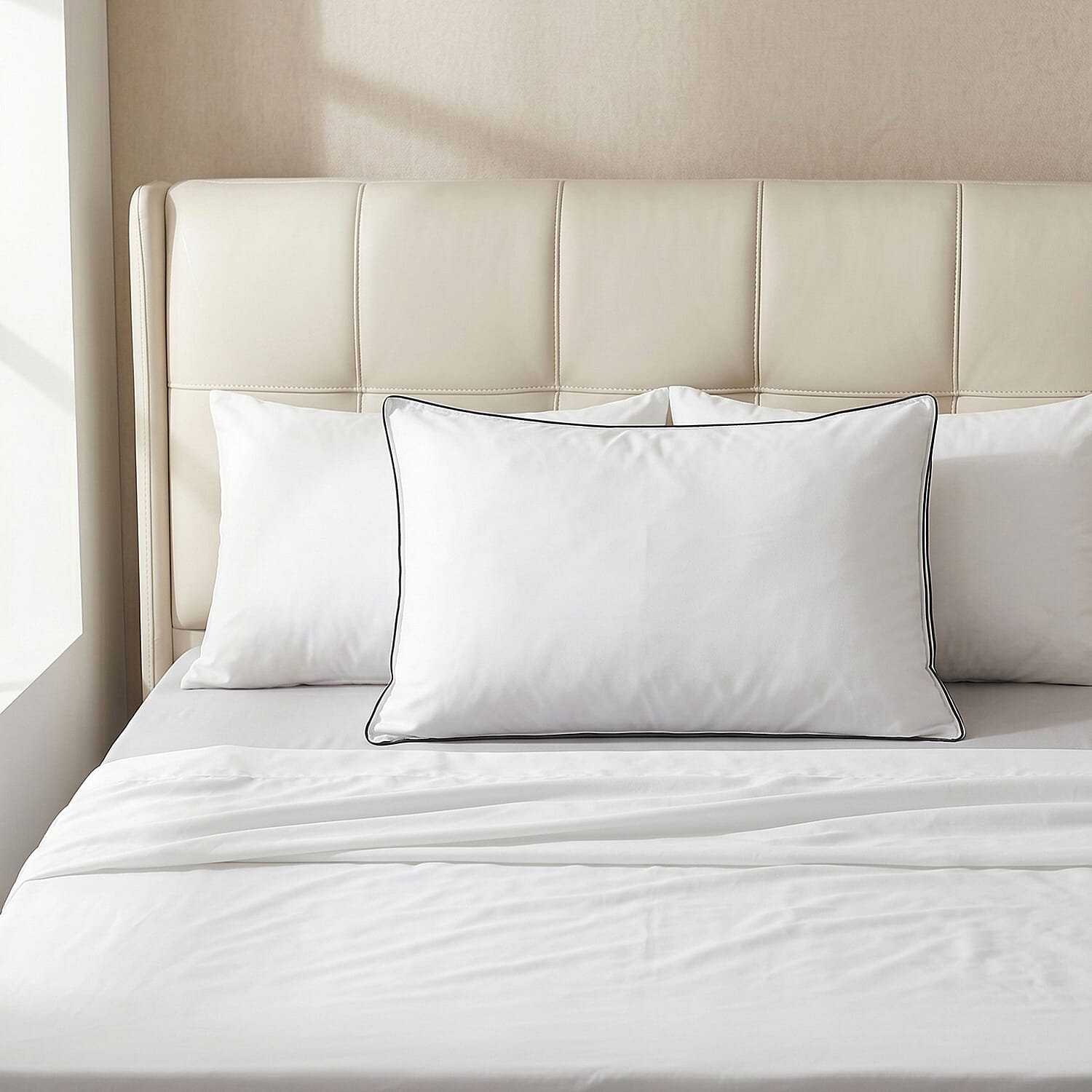 Livmore Hotel Quality Super Soft Pillow Enhancer Filled with Faux Down (Size 50x75 cm) - White with Silver Piping