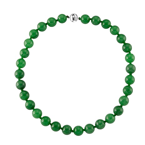 D'Joy Enhanced Green Jade Hand Knotted Beads Necklace (Size - 20) in Rhodium Overlay Sterling Silver with Magnetic Lock 300.00 Ct.