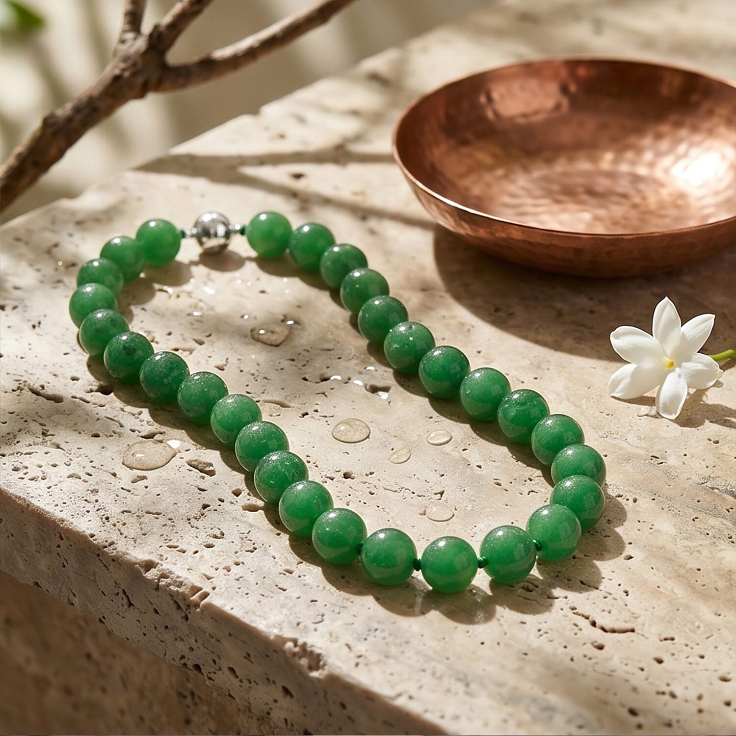 D'Joy Enhanced Green Jade Hand Knotted Beads Necklace (Size - 20) in Rhodium Overlay Sterling Silver with Magnetic Lock 300.00 Ct.