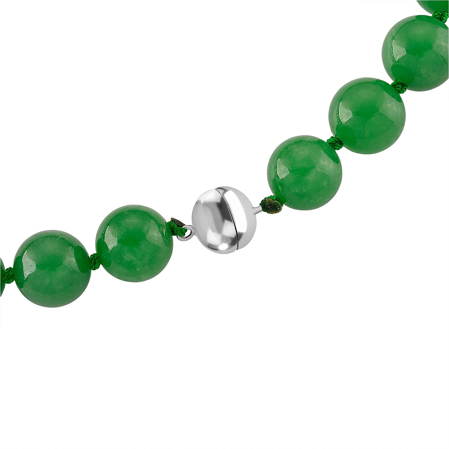 D'Joy Enhanced Green Jade Hand Knotted Beads Necklace (Size - 20) in Rhodium Overlay Sterling Silver with Magnetic Lock 300.00 Ct.