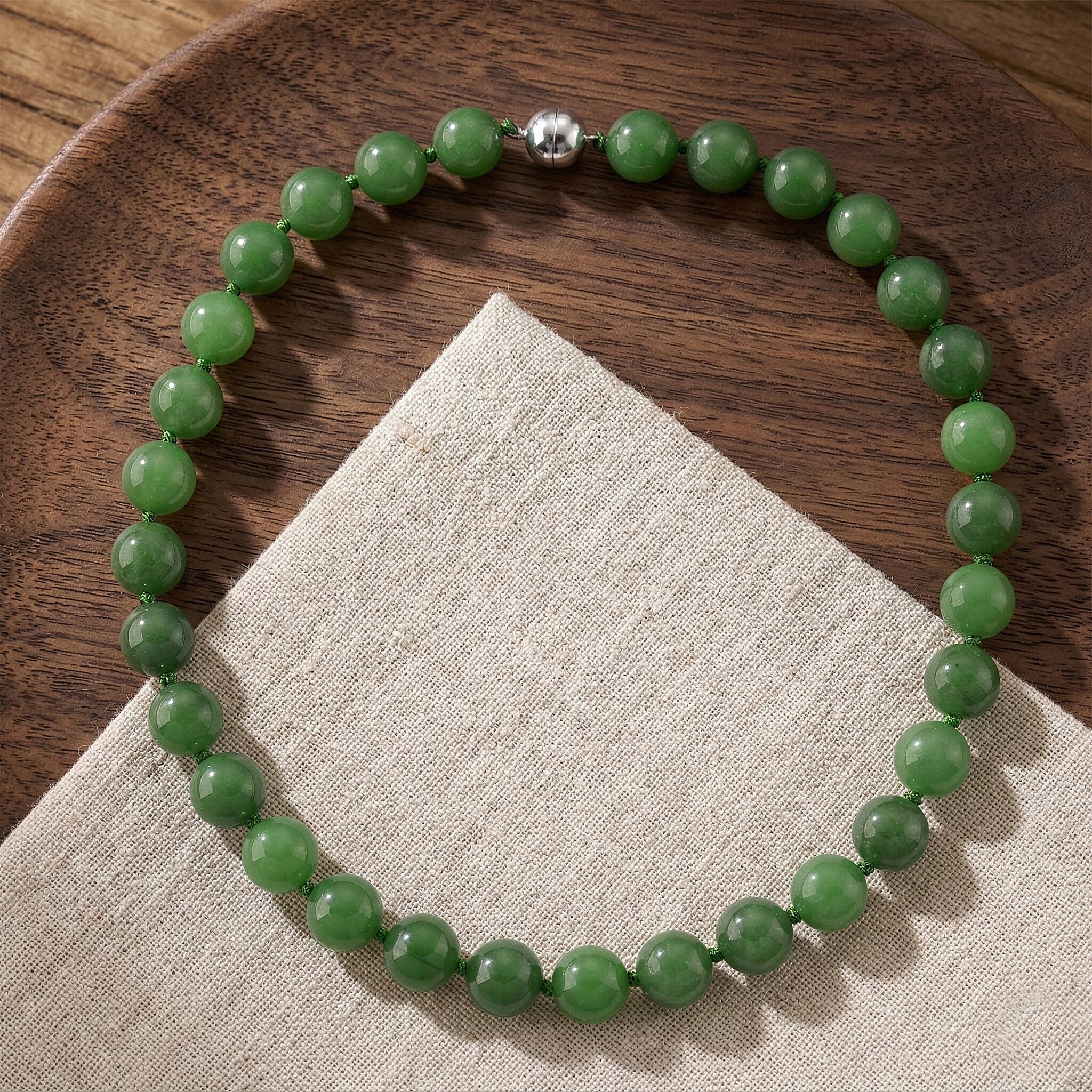 D'Joy Enhanced Green Jade Beads Necklace (Size - 20) in Rhodium Overlay Sterling Silver 300.00 Ct.