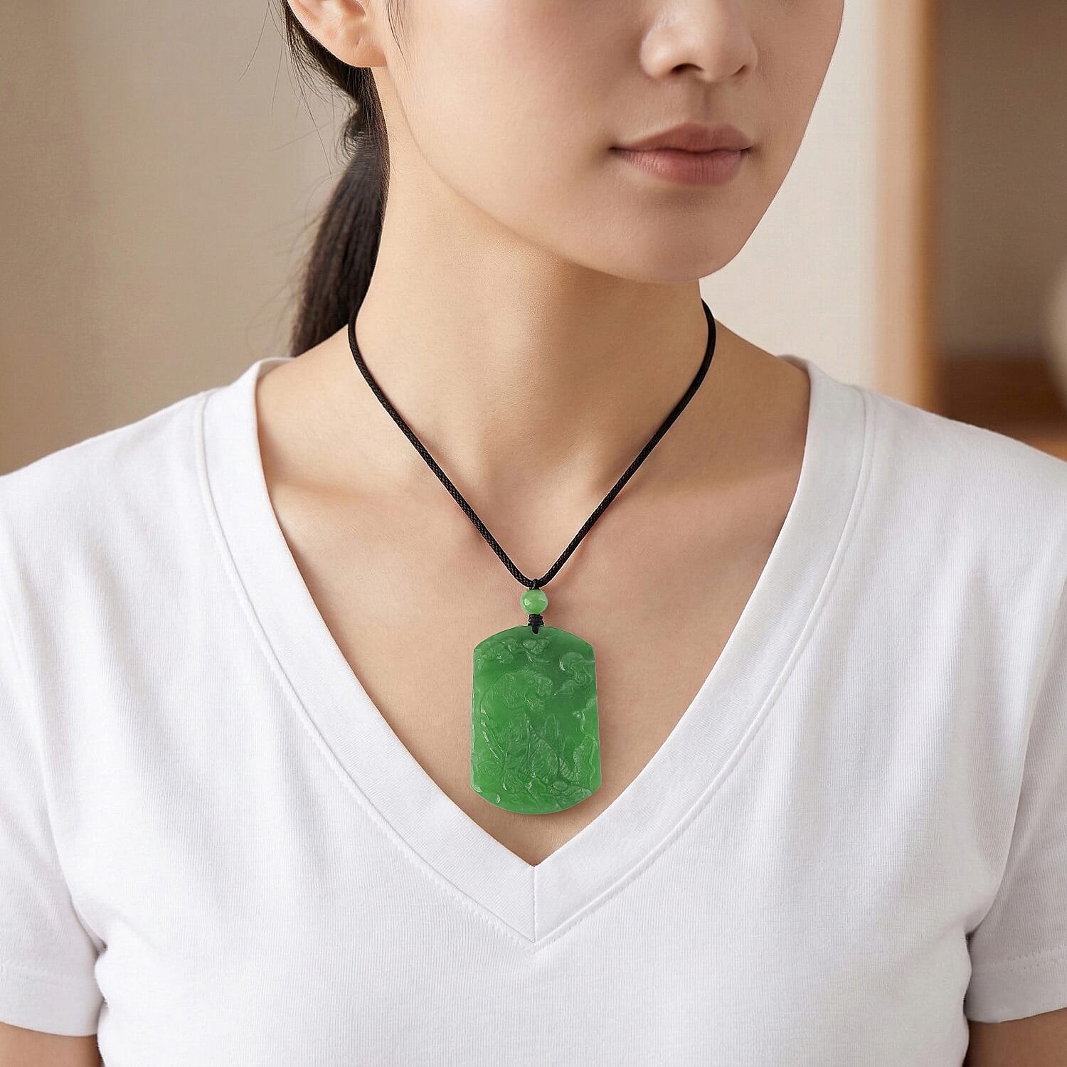 Enhanced Green Jade Beads Necklace (Size - 28) with Adjustable Cotton Thread 110.00 Ct.